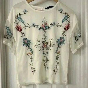 Life Style Top Womens Small Petite Ivory Floral Embroidered Shirt S Sheer